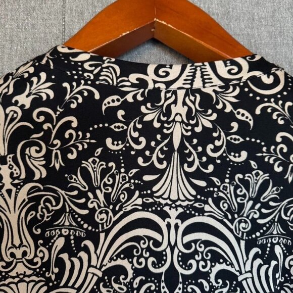 Y2K INC 100% Silk Black Tan Filigree Print Long Sleeve True Wrap Midi Dress - Picture 8 of 13